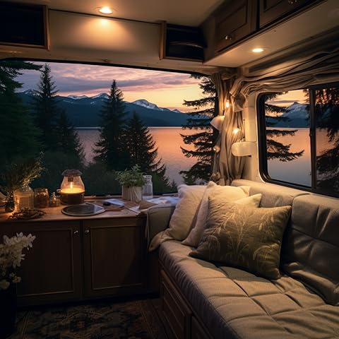 Scenic view of RV with internal lighting turned on