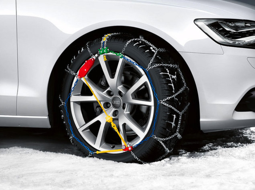 Tire chains on a large vehicle wheels